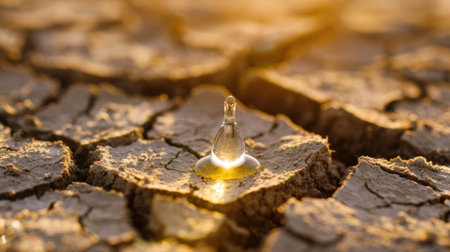 This striking image captures a water droplet perched on dried, cracked soil, symbolizing the challenges posed by drought and climate change to fragile ecosystems.の素材