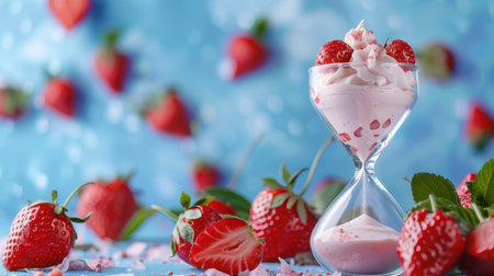 A delightful strawberry parfait served in an hourglass-shaped glass, topped with fresh strawberries and whipped cream, against a soft blue backdrop.の素材