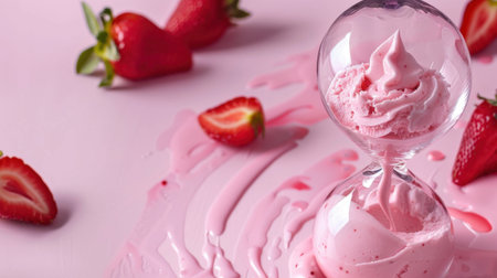 A whimsical arrangement featuring refreshing strawberry ice cream in an hourglass, surrounded by fresh strawberries on a soft pink backdrop, creating a delightful visual treat.の素材