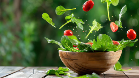 A captivating image of fresh vegetables, including leafy greens and ripe tomatoes, flying into a wooden bowl. The vibrant greens against a blurred natural backdrop create an appetizing scene perfect for food-related themes.の素材