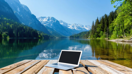 A picturesque scene featuring a laptop on a wooden dock by a tranquil lake, surrounded by stunning mountain ranges and lush greenery, perfect for inspiration and relaxation.の素材