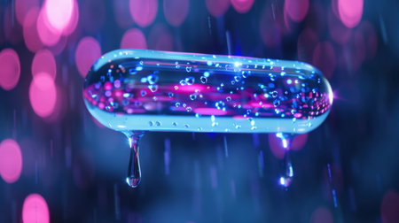 A visually captivating image of an abstract capsule featuring water droplets, suspended against a colorful bokeh background, evoking creativity and modern aesthetic.の素材