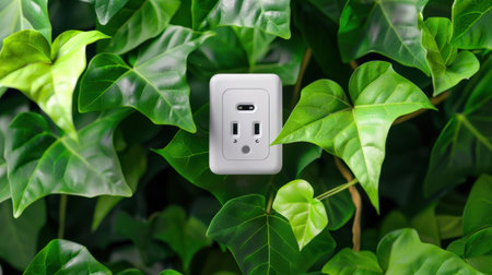 A modern power outlet elegantly integrated into lush green foliage, symbolizing the harmony between technology and nature for a sustainable lifestyle.の素材