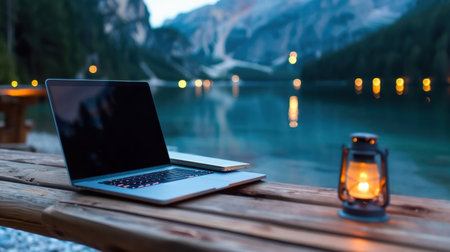 A serene lakeside scene featuring a laptop and a lantern on a wooden table, surrounded by tranquil water and majestic mountains under evening light.の素材