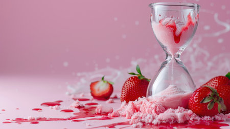 A creative and whimsical depiction of an hourglass filled with strawberry ice cream, surrounded by fresh strawberries, creating a playful and inviting scene.の素材