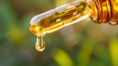 A close-up image showcasing a dropper with a golden essential oil, capturing the moment a droplet falls against a beautifully blurred green background.の素材
