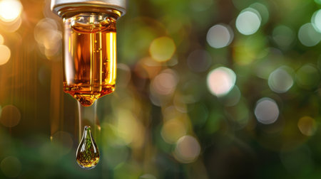 This image features a close-up of an essential oil dropper filled with amber liquid, showcasing a droplet forming and dripping against a beautifully blurred green bokeh background.の素材