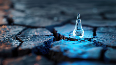 A striking close-up image of a water droplet resting on cracked earth, symbolizing the impact of drought on the environment. The interplay of light and texture highlights the urgent need for water conservation.の素材