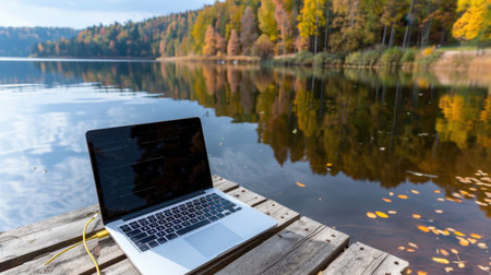 A serene lakeside scene featuring a laptop placed on a wooden pier, surrounded by vibrant autumn foliage reflected in calm waters. Perfect for remote work inspiration.の素材