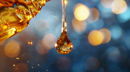 A captivating close-up image of a golden liquid droplet falling against a beautifully blurred background, featuring colorful bokeh and sparkling lights.の素材