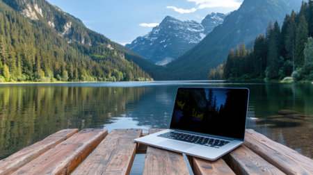 A picturesque scene featuring a laptop placed on a rustic dock overlooking a tranquil lake, framed by towering mountains and dense forests, inviting inspiration.の素材