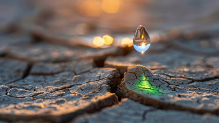 A captivating close-up of a water droplet poised above cracked dry soil at sunset, featuring a beautiful bokeh background that highlights the fragility of nature.の素材