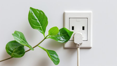 A fresh green leaf elegantly positioned next to a modern electrical outlet and plug on a soft light background, symbolizing energy and nature harmony.の素材