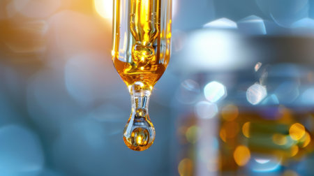 This striking image features a golden liquid drop hanging from a pipette against a blurred, colorful background. It symbolizes health and beauty.の素材
