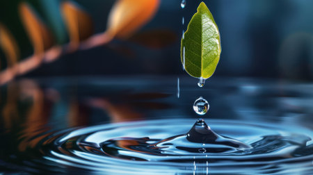 This captivating image captures a single green leaf dropping a water droplet into calm blue water. It illustrates serenity and the beauty of nature.の素材