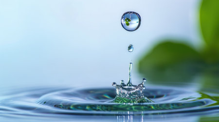 This stunning close-up image captures a crystal-clear water droplet creating gentle ripples on the surface, with a soothing green leaf in the background.の素材