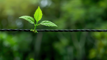 A vibrant green leaf breaks through the twisted wire, symbolizing resilience and growth in nature. The blurred background creates a serene atmosphere, inviting viewers to appreciate the beauty of life thriving against the odds.の素材