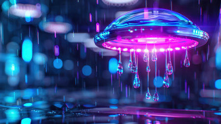 This stunning image showcases a futuristic UFO hovering amidst vibrant neon rain, with dripping water and colorful lights that create a surreal sci-fi ambiance.の素材