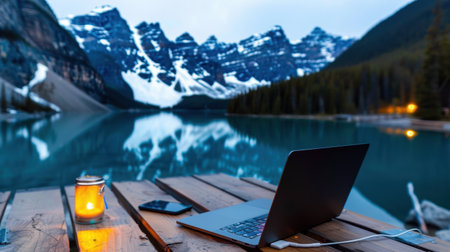 A tranquil outdoor workspace featuring a laptop and candle near a reflective lake, surrounded by majestic snow-capped mountains, ideal for inspiration and productivity.の素材