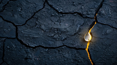 A close-up image showing a single water drop resting on cracked earth, symbolizing the pressing issues of drought and the critical state of climate change.の素材