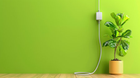 A vibrant setup featuring a green wall, a stylish indoor plant in a pot, and an electrical socket. Ideal for interior design inspiration and home decor ideas.の素材