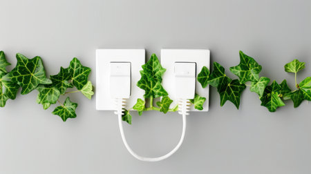 A creative arrangement featuring a power outlet entwined with green ivy, illustrating the harmony between technology and nature in modern design.の素材