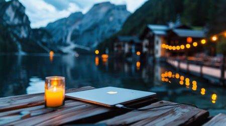 A serene evening scene featuring a laptop beside a candle on a wooden table, with a stunning mountain lake backdrop and soft reflections, perfect for remote work inspiration.の素材