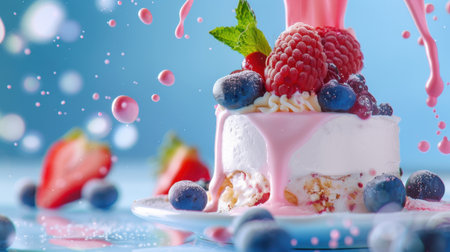 This captivating image features a beautifully decorated cake topped with fresh berries and pink cream, set against a light blue backdrop, creating a delightful and vibrant aesthetic.の素材