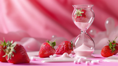 A beautiful hourglass cradles a ripe strawberry immersed in soft cream, all against a gentle pink backdrop. This image evokes themes of time and indulgence.の素材