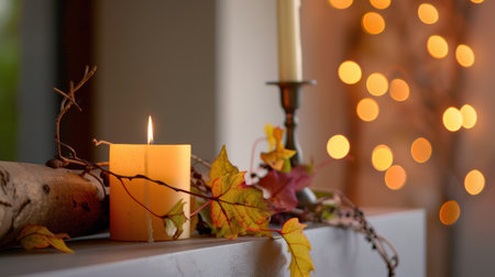 This cozy autumn scene features a glowing candle surrounded by colorful leaves and soft bokeh lights, creating a warm and inviting ambiance for interiors.の素材