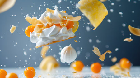 A vibrant and dynamic shot of a colorful dessert featuring whipped cream, orange fruit, and various toppings in a visually striking motion display.の素材