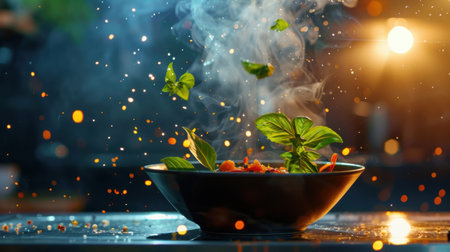 Captivating scene featuring fresh basil and colorful ingredients in a bowl, surrounded by steam and vibrant splashes of light, perfect for culinary visuals.の素材