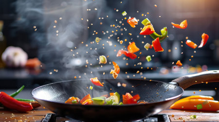 The image captures colorful chopped vegetables soaring in a hot frying pan, exuding steam in a lively kitchen scene, perfect for food enthusiasts.の素材