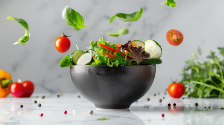A visually appealing image of a fresh salad with vibrant colors, featuring flying vegetables in a black bowl, ideal for healthy food presentations.の素材