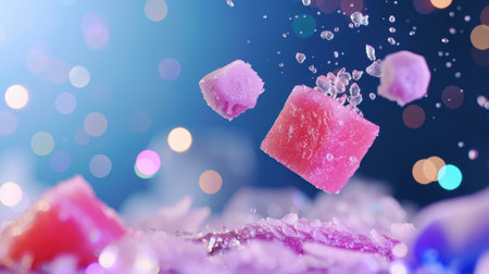 This captivating image features colorful candy cubes falling through the air, creating a playful splash against a sparkling background with soft bokeh lights.の素材