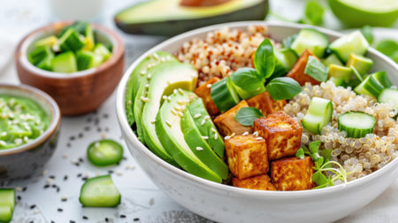 A vibrant plant-based meal featuring tofu, avocado, quinoa, and fresh vegetables, beautifully arranged in a bowl for healthy eating enthusiasts.の素材
