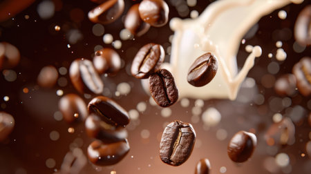 A captivating image of freshly roasted coffee beans in mid-air, splashing creamy milk, creating an energetic and dynamic visual scene perfect for coffee lovers.の素材