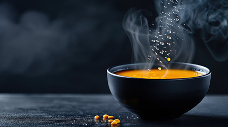 A striking image of a black bowl filled with golden soup, with steam rising and bubbles forming. The scene evokes warmth and comfort, perfect for culinary inspiration.の素材