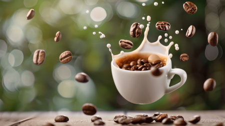 A stunning image of a white cup experiencing a dynamic coffee splash surrounded by flying coffee beans, set against a blurred natural backdrop.の素材