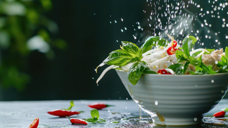 This image showcases a vibrant salad bowl filled with fresh herbs and vegetables, accentuated by sparkling water drops, evoking a sense of freshness and flavor.の素材