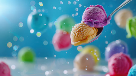 A close-up image of colorful ice cream scoops on a spoon, featuring playful water droplets and a vibrant bokeh background. Perfect for summer vibes!の素材