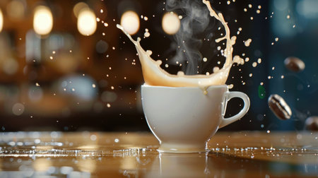 A captivating image showcasing a white cup filled with coffee splashing against a warm background. Gentle steam rises, evoking a sense of comfort and inviting enjoyment.の素材