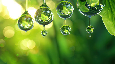 This stunning close-up image features dew drops hanging gracefully from vibrant green leaves. The gentle backlighting creates a soft bokeh effect, enhancing the beauty of nature.の素材