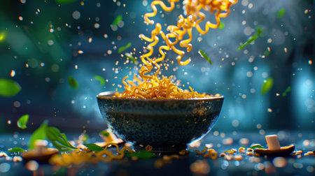 A visually stunning image capturing the dynamic motion of spiral pasta being poured into a rustic bowl, surrounded by floating green herbs and splashes, creating a lively cooking atmosphere.の素材