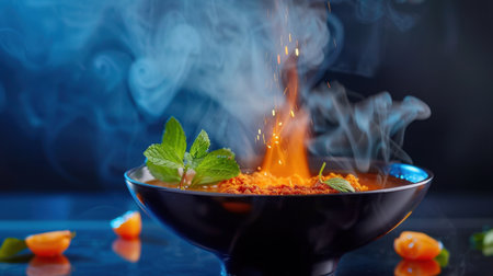 A captivating image showcasing a bowl filled with vibrant ingredients, steam rising dramatically. Fresh herbs and spices create a visually stunning culinary moment.の素材