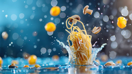 A dynamic splash of water captures spaghetti and mushrooms against a vibrant blue backdrop, highlighting fresh ingredients in a culinary masterpiece.の素材