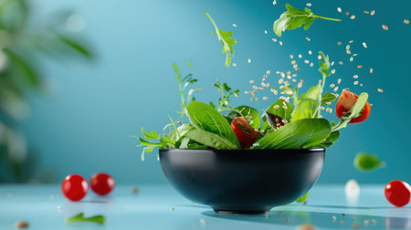 A vibrant scene showcasing a fresh salad being prepared, with greens and cherry tomatoes flying in motion, emphasizing healthy eating and cooking creativity.の素材