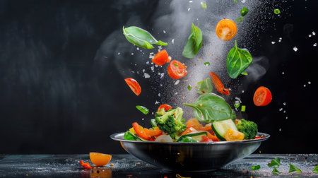 A dynamic image showcasing an array of fresh vegetables and herbs soaring through the air above a silver bowl, emphasizing movement and vitality.の素材