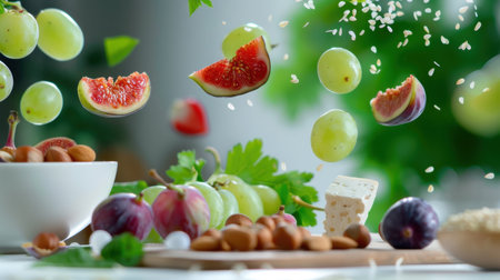 A vibrant composition showcasing an array of fresh fruits and nuts. Green grapes, figs, and almonds are artistically suspended in mid-air, presenting a lively and healthy snack idea.の素材
