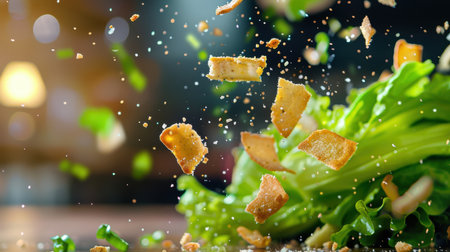 Vibrant image showcasing fresh lettuce and crispy croutons in mid-air, creating a dynamic food scene perfect for culinary inspiration and healthy eating promotions.の素材